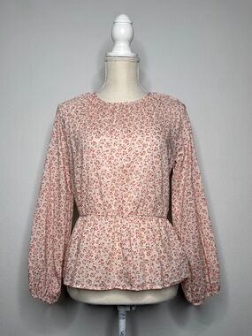 Vanessa Bruno Pink Floral Peplum Blouse Balloon Sleeves Cotton Size XS